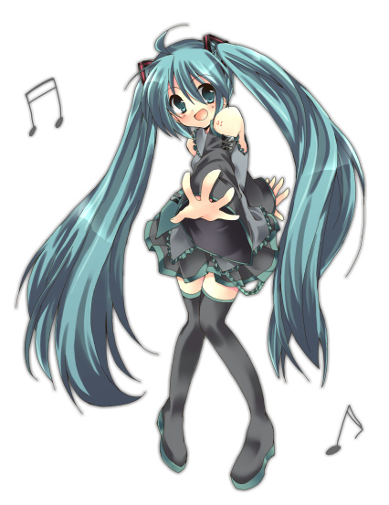 retei, hatsune miku, vocaloid, 1girl, blue hair, dancing, female focus, long hair, musical note, simple background, skirt, solo, thighhighs, twintails, white background, zettai ryouiki