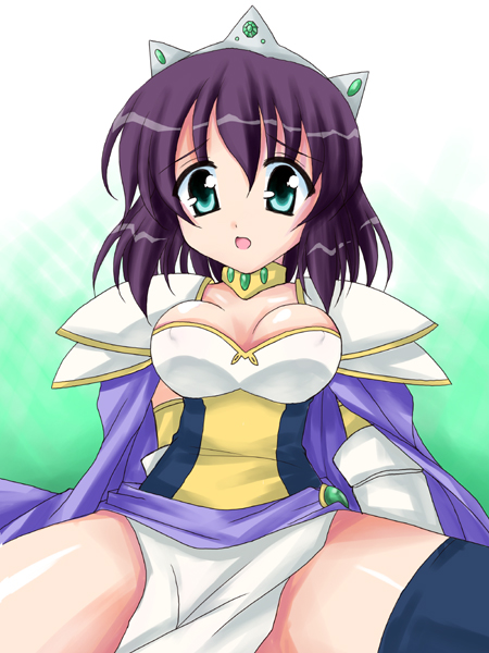 henrietta de tristain, zero no tsukaima, artist request, 00s, 1girl, armor, blue eyes, breasts, cape, cleavage, crown, elbow gloves, female focus, gloves, hat, large breasts, purple hair, short hair, solo, thighhighs