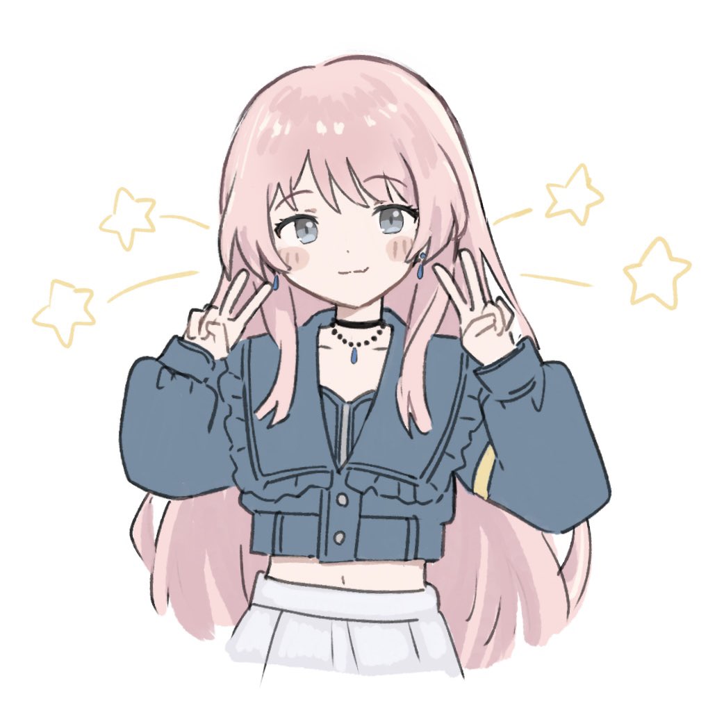 m (226mmy), chihaya anon, bang dream!, bang dream! it's mygo!!!!!, 1girl, black choker, blue jacket, blush, choker, closed mouth, earrings, grey eyes, jacket, jewelry, long hair, long sleeves, looking at viewer, midriff, navel, necklace, pink hair, simple background, skirt, solo, star (symbol), white background, white skirt