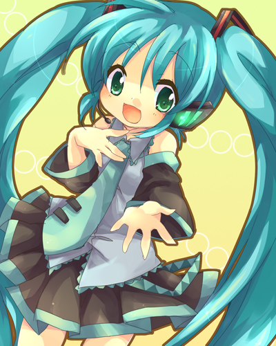 retei, hatsune miku, vocaloid, lowres, blue hair, green eyes, long hair, necktie, solo, twintails