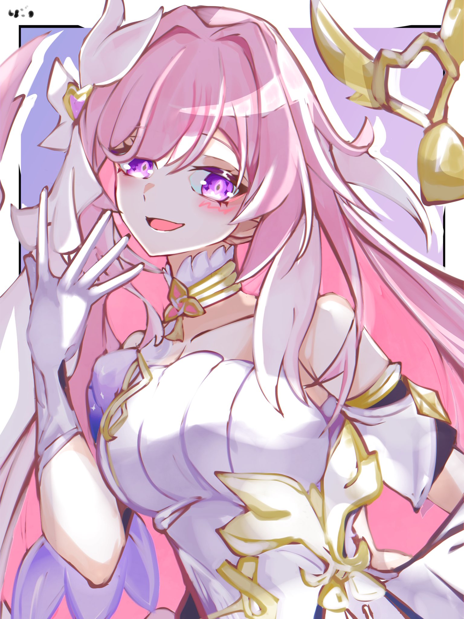 elysia (herrscher of human: ego) (honkai impact), elysia (honkai impact), honkai (series), honkai impact 3rd, commentary request, highres, 1girl, bare shoulders, bell, border, breasts, corset, diamond-shaped pupils, diamond (shape), gloves, large breasts, long hair, looking at viewer, multicolored hair, op onso gense, parted lips, pink hair, purple background, purple eyes, smile, solo, symbol-shaped pupils, triquetra, two-tone hair, upper body, very long hair, white border, white corset, white gloves, white hair