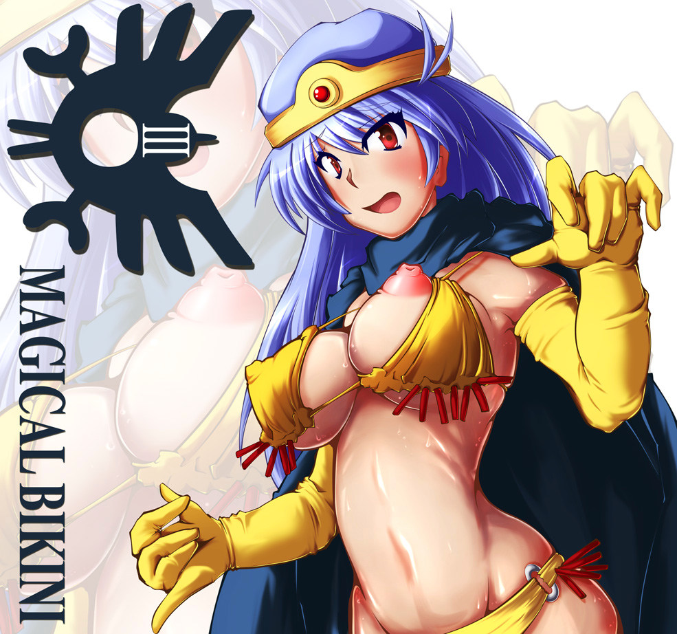 sage (dq3), chunsoft, dragon quest, dragon quest iii, enix, 1girl, bikini, breasts, covered erect nipples, female focus, large breasts, solo, swimsuit, yellow bikini, zoom layer