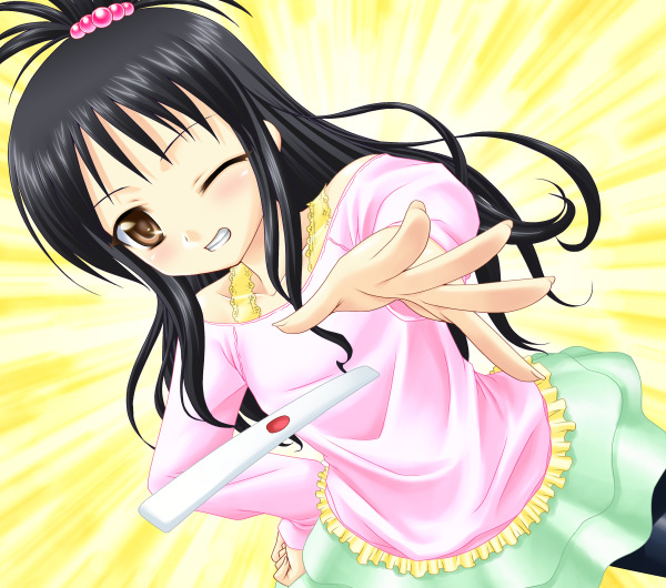 yaoyorozu-kobo, yuuki mikan, to love-ru, 00s, 1girl, black hair, board game, brown eyes, female focus, grin, hand on own hip, hip focus, long hair, mahjong, one eye closed, rod, smile, solo, wink