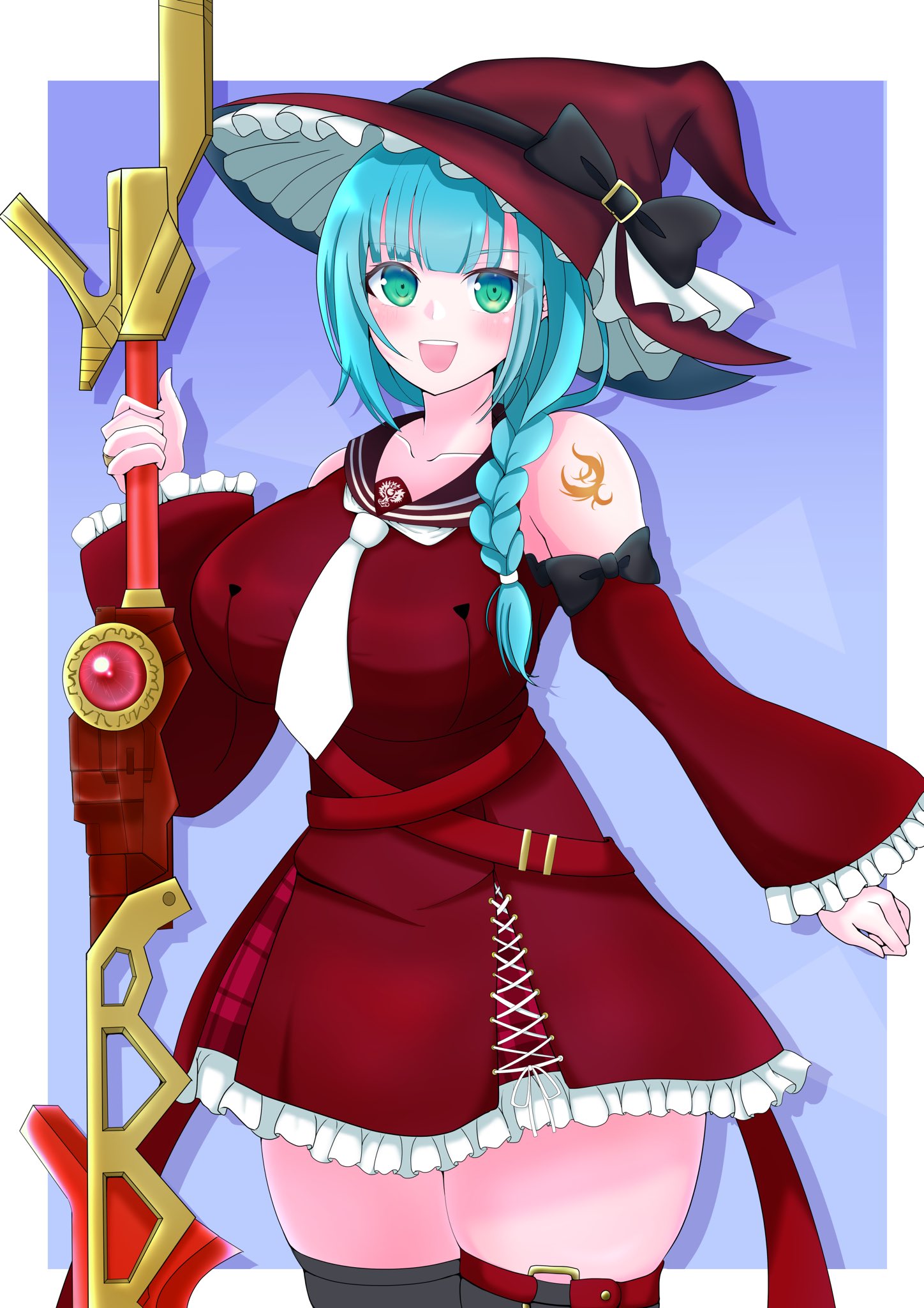 toremo rin, assault lily, commentary request, highres, 1girl, :d, aqua hair, belt, belt buckle, black bow, black thighhighs, blue background, blunt bangs, blush, border, bow, braid, braided ponytail, breasts, brown sailor collar, buckle, collarbone, cowboy shot, cross-laced clothes, cross-laced dress, detached sleeves, dress, frilled dress, frilled hat, frilled sleeves, frills, green eyes, hair over shoulder, hand up, hat, hat bow, holding, holding weapon, kanba girls high school uniform, large breasts, long hair, long sleeves, looking at viewer, multiple belts, open mouth, outside border, planted, red belt, red dress, red hat, sailor collar, school uniform, serafuku, shoulder tattoo, single braid, sleeve bow, sleeveless, sleeveless dress, smile, solo, standing, tattoo, thigh belt, thigh strap, thighhighs, tozaki moka, weapon, white border, wide sleeves, witch hat, zettai ryouiki