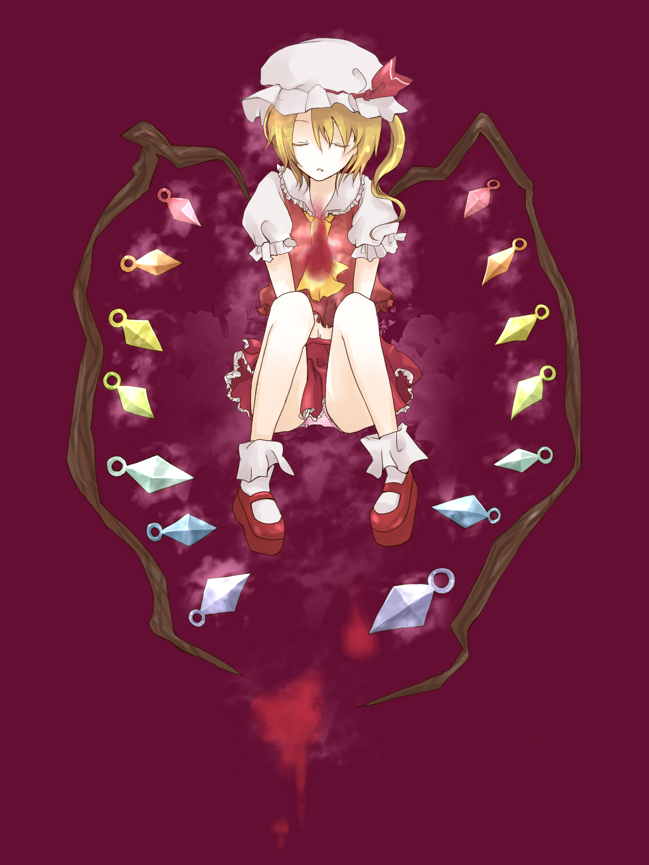 cherrying, fuji fujino, sakura (cherrying), flandre scarlet, remilia scarlet, touhou, bad id, bad pixiv id, highres, 1girl, crystal, female focus, full body, hat, miniskirt, mob cap, panties, pantyshot, purple background, red shoes, ribbon, shoes, simple background, sitting, skirt, socks, solo, striped clothes, striped panties, underwear, white socks, wings