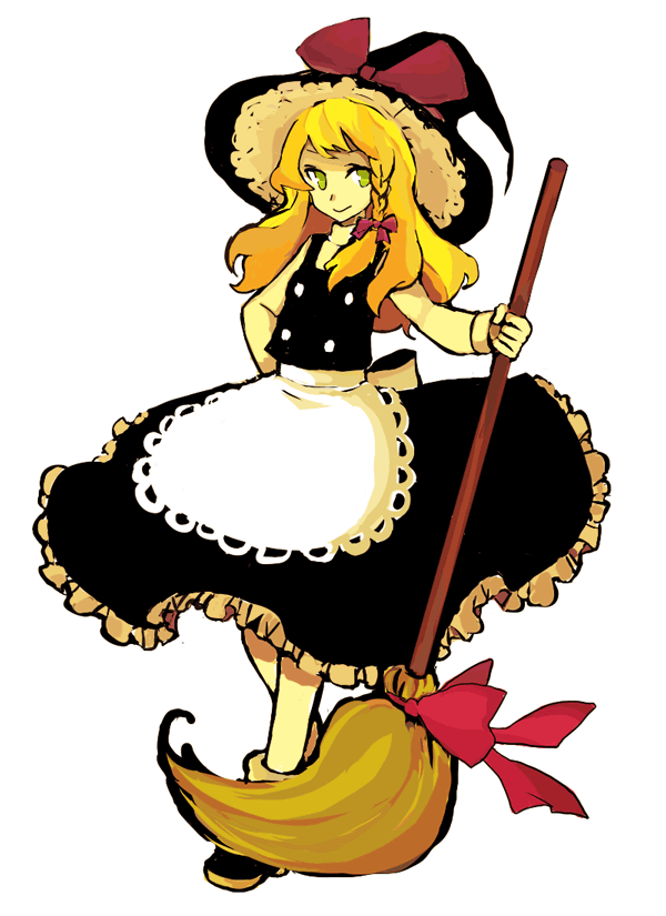 azuki, kirisame marisa, touhou, bad id, bad pixiv id, 1girl, blonde hair, braid, broom, female focus, full body, hat, long hair, side braid, simple background, skirt, smile, solo, white background, witch, witch hat