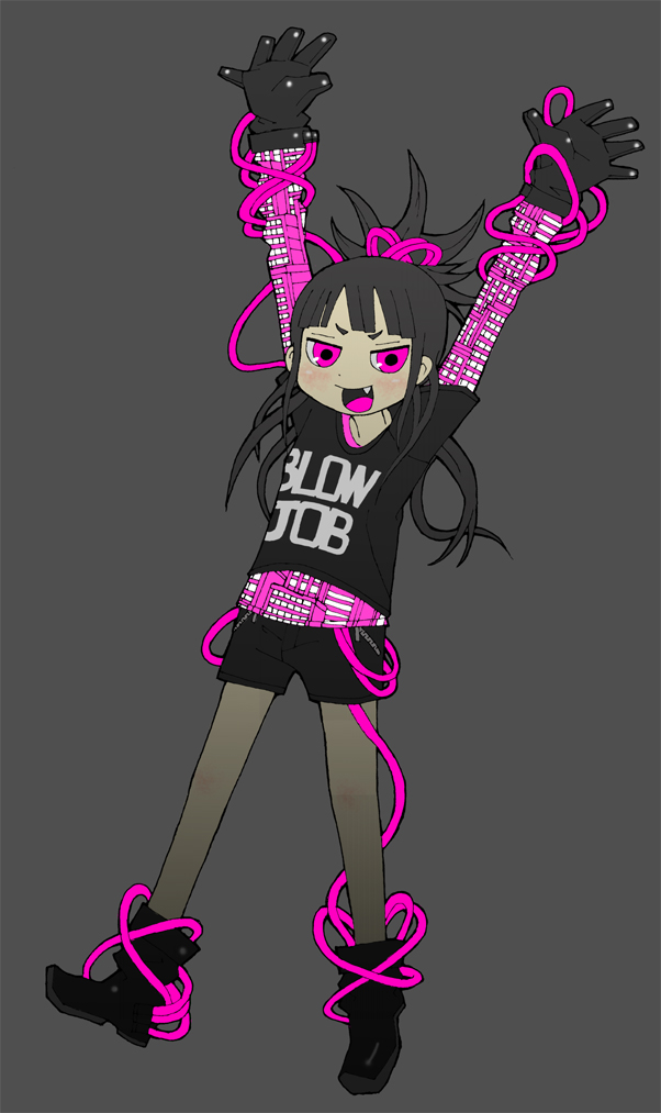 a.b.t., abe tomomi, bad id, bad pixiv id, 1girl, black hair, fang, female focus, long hair, neon trim, patterned, pink eyes, pink theme, shorts, solo