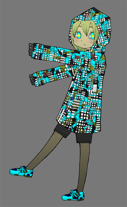 a.b.t., abe tomomi, bad id, bad pixiv id, 1girl, aqua eyes, blonde hair, blue theme, female focus, hood, pantyhose, patterned, short hair, solo