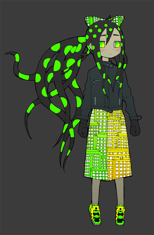 a.b.t., abe tomomi, bad id, bad pixiv id, 1girl, black background, female focus, full body, green hair, green shoes, green theme, hair ribbon, long hair, long skirt, patterned, ribbon, shoes, simple background, skirt, solo