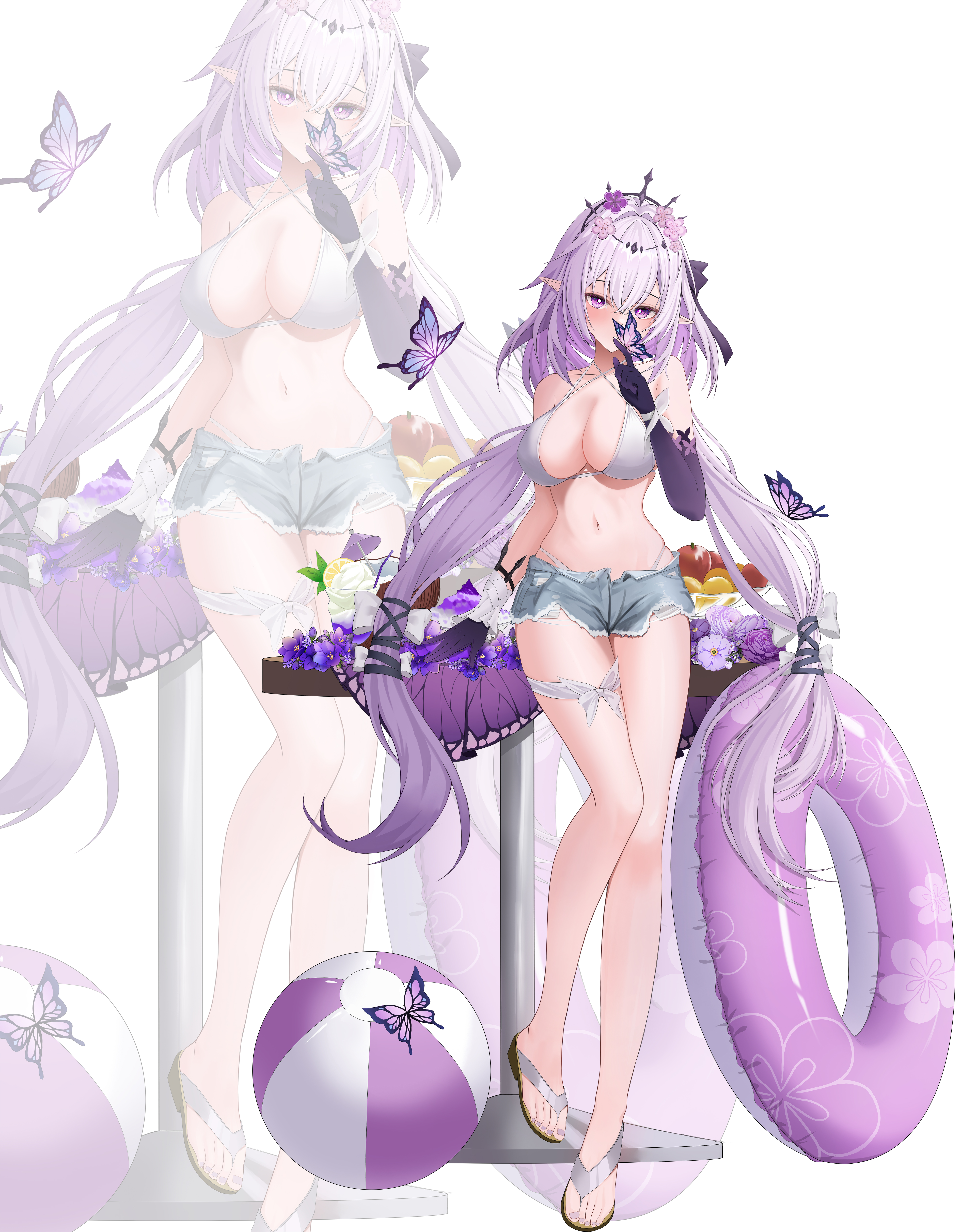 kebi (soo owl), castorice (honkai: star rail), honkai: star rail, honkai (series), absurdres, commentary, highres, 1girl, alternate costume, asymmetrical gloves, ball, bare legs, bare shoulders, beachball, bikini, black tiara, blush, bow, breasts, bug, butterfly, butterfly on hand, coconut cup, criss-cross halter, denim, denim shorts, elbow gloves, flower, food, fruit, full body, gloves, hair bow, hair flower, hair ornament, halterneck, hand up, innertube, insect, large breasts, leg ribbon, legs, long hair, looking at viewer, nail polish, navel, open fly, pink flower, pointy ears, purple bow, purple butterfly, purple eyes, purple flower, purple gloves, purple hair, purple innertube, ribbon, sandals, shorts, simple background, single elbow glove, solo, standing, stomach, swim ring, swimsuit, table, thigh ribbon, thighs, tiara, toenail polish, toenails, toes, uneven gloves, very long hair, white background, white bikini, zoo, zoom layer