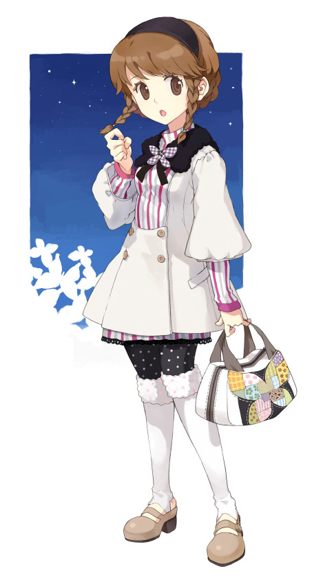 tiv, bad id, bad pixiv id, bag, braid, brown eyes, brown hair, fashion, pantyhose, polka dot, polka dot pantyhose, short hair, solo, twin braids
