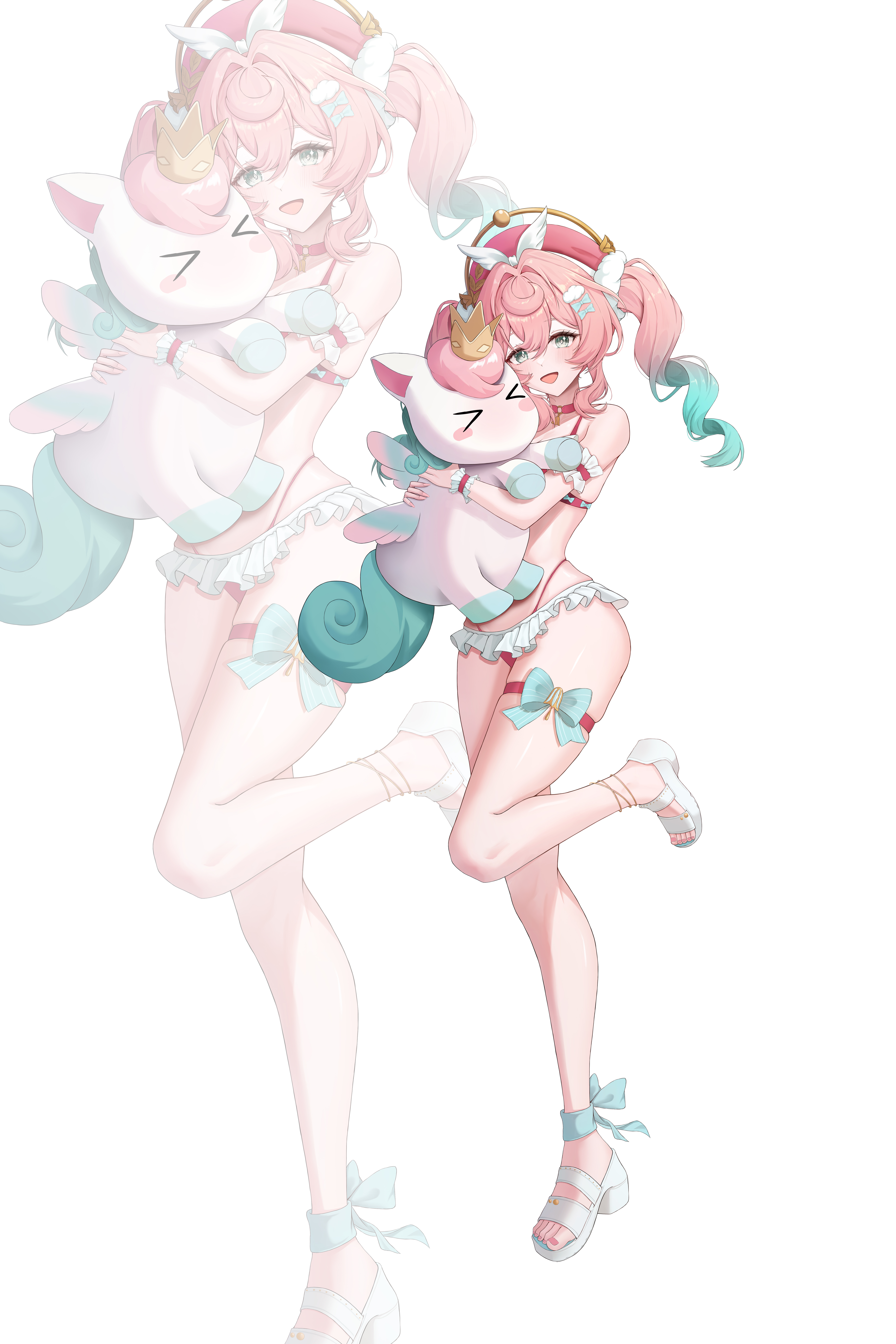 kebi (soo owl), hyacine (honkai: star rail), little ica (honkai: star rail), honkai: star rail, honkai (series), absurdres, commentary, highres, > <, 1girl, alternate costume, animal, aqua bow, aqua eyes, aqua hair, bare legs, bikini, bow, colored tips, frilled bikini, frilled wrist cuffs, frills, full body, hair between eyes, hair intakes, hair ornament, hat, highleg, highleg bikini, holding, holding animal, leg up, legs, looking at viewer, multicolored hair, nail polish, open mouth, pegasus, pink hair, pink nails, platform sandals, red bikini, red hat, sandals, simple background, skindentation, smile, standing, standing on one leg, swimsuit, thigh bow, thigh strap, thighs, toenail polish, toenails, toes, twintails, two-tone hair, white background, white wrist cuffs, wrist cuffs, zoom layer