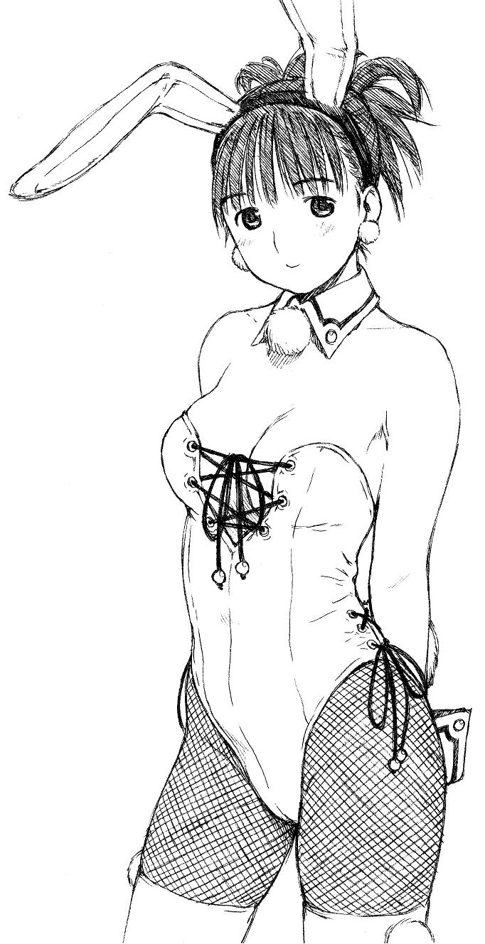 yug (ekaki), original, highres, 1girl, animal ears, arms behind back, bare shoulders, blush, breasts, breasts apart, cowboy shot, cropped legs, detached collar, earrings, fake animal ears, female focus, fishnet pantyhose, fishnets, greyscale, head tilt, jewelry, leotard, light smile, looking at viewer, monochrome, pantyhose, playboy bunny, ponytail, rabbit ears, short hair, short ponytail, simple background, smile, solo, strapless, thighhighs, white background, wide ponytail