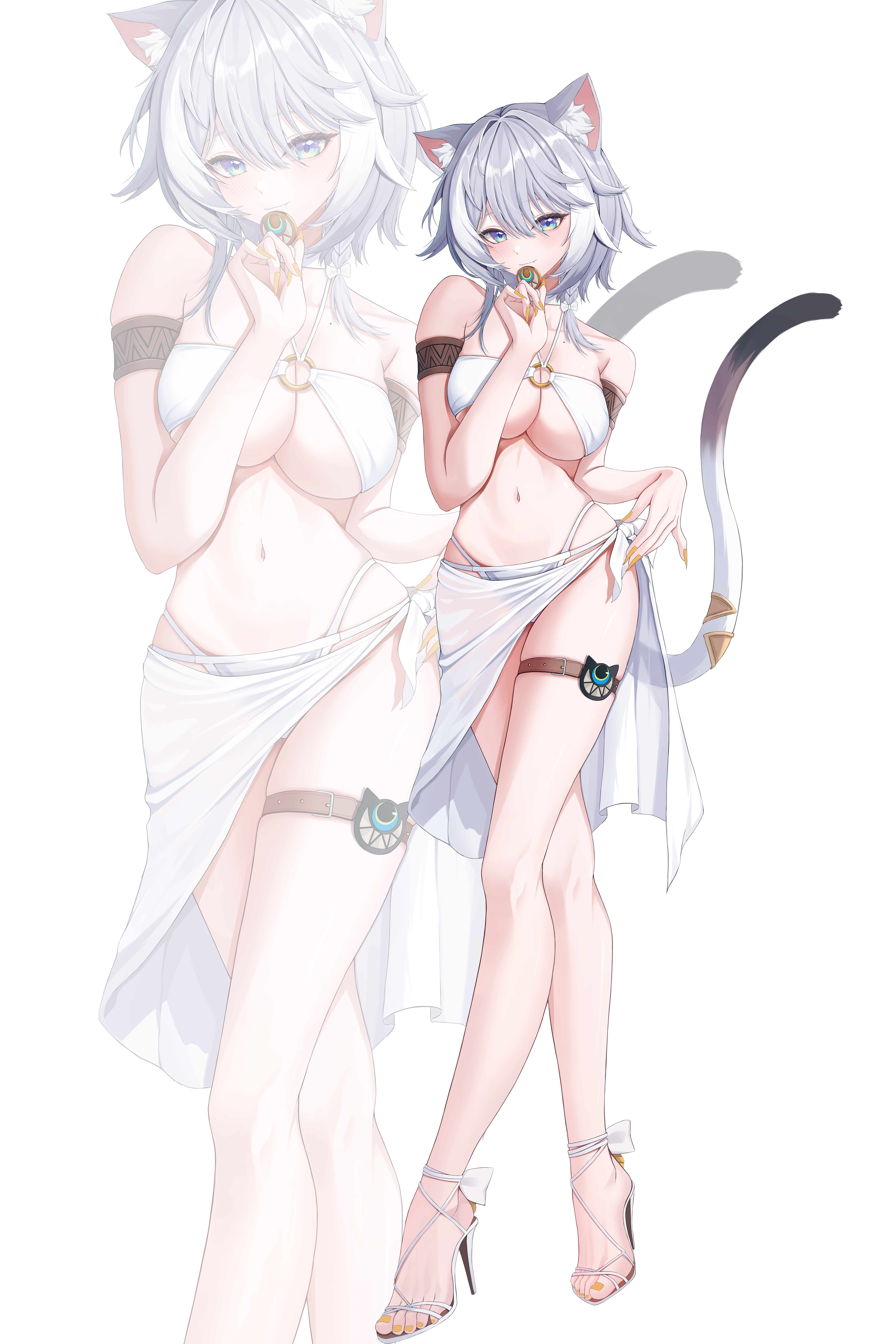kebi (soo owl), cipher (honkai: star rail), honkai: star rail, honkai (series), absurdres, commentary, highres, 1girl, alternate costume, animal ear fluff, animal ears, armlet, bare legs, bare shoulders, belt, bikini, blue eyes, blush, breasts, cat ears, cat girl, cat tail, closed mouth, coin, collarbone, fingernails, full body, grey hair, hair between eyes, hand up, high heel sandals, high heels, holding, holding coin, jewelry, large breasts, legs, long fingernails, looking at viewer, multi-strapped bikini bottom, multicolored hair, nail polish, sandals, sarong, shoes, short hair with long locks, simple background, skindentation, smile, solo, streaked hair, swimsuit, tail, thigh belt, thigh strap, toenail polish, toenails, toes, underboob, white background, white bikini, white sarong, white shoes, yellow nails, zoom layer