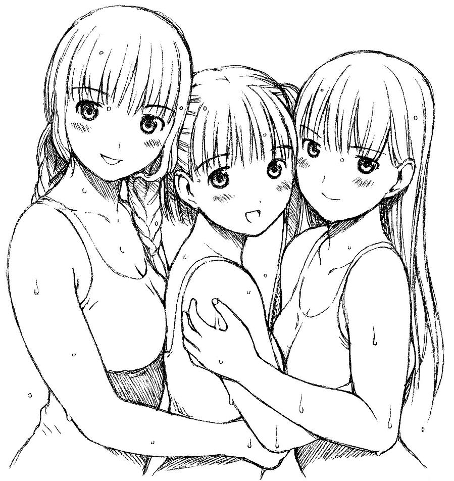 yug (ekaki), aihara nana, futami eriko, mizusawa mao, kimi kiss, 3girls, blush, braid, greyscale, hug, loli, long hair, monochrome, multiple girls, one-piece swimsuit, smile, swimsuit, twin braids, wet