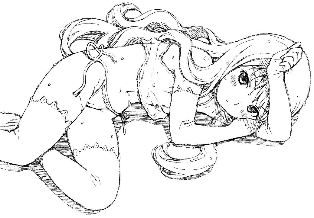 yug (ekaki), louise francoise le blanc de la valliere, zero no tsukaima, 00s, 1girl, blush, elbow gloves, female focus, gloves, greyscale, long hair, monochrome, navel, panties, side-tie panties, solo, thighhighs, underwear, untied panties, wet
