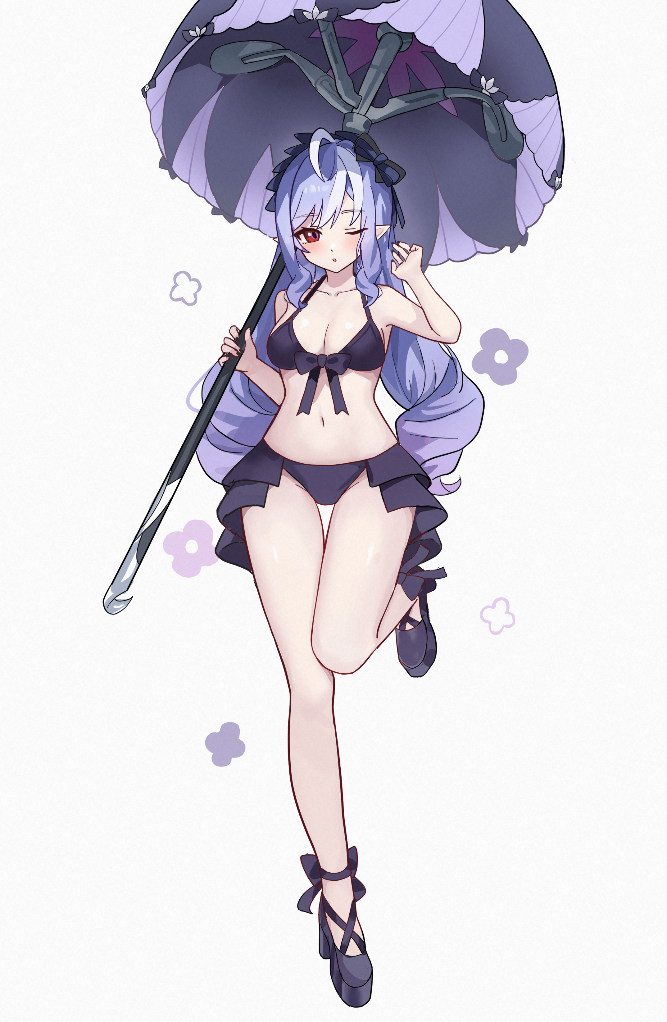 chideno, vivian banshee, zenless zone zero, absurdres, commentary, highres, 1girl, arm up, bikini, black bikini, black nails, black panties, black pants, black shoes, bow, bowtie, breasts, drill hair, flower, hairband, holding, holding umbrella, leg up, one eye closed, open mouth, panties, pants, pointy ears, purple bow, purple bowtie, purple flower, purple hair, purple hairband, purple umbrella, red eyes, shoes, solo, swimsuit, umbrella, underwear, white background