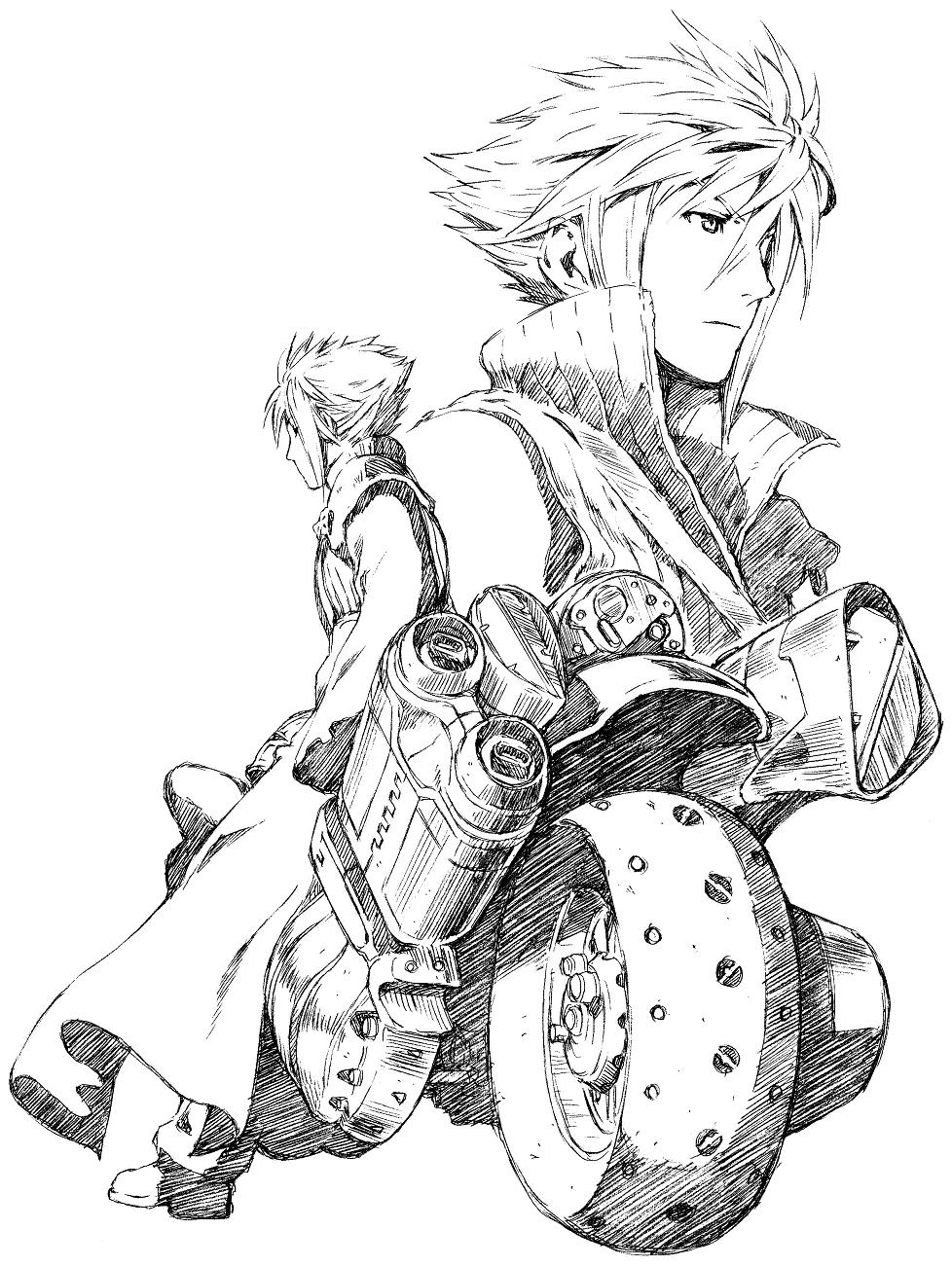 yug (ekaki), cloud strife, final fantasy, final fantasy vii, final fantasy vii advent children, vehicle, highres, 00s, 1990s (style), 1boy, fenrir (vehicle), full body, greyscale, male focus, monochrome, motor vehicle, motorcycle, retro artstyle, simple background, solo