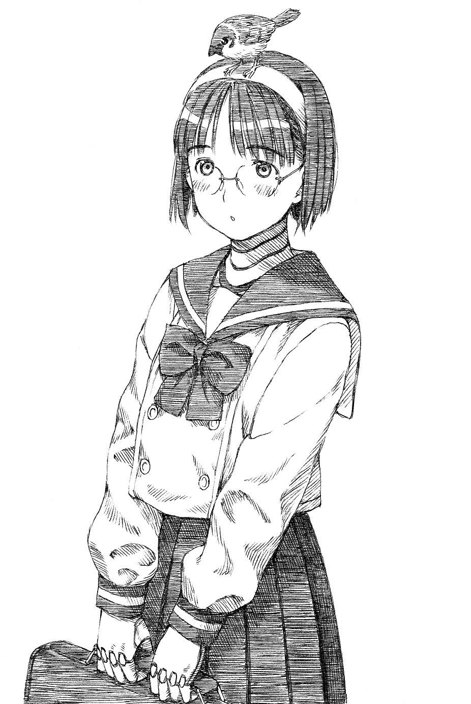 yug (ekaki), aiko (magipoka), renkin san-kyuu magical pokaan, highres, 1girl, animal, animal on head, bird, bird on head, blush, female focus, glasses, greyscale, hairband, monochrome, on head, school uniform, serafuku, short hair, solo, sparrow, sparrow (bird)