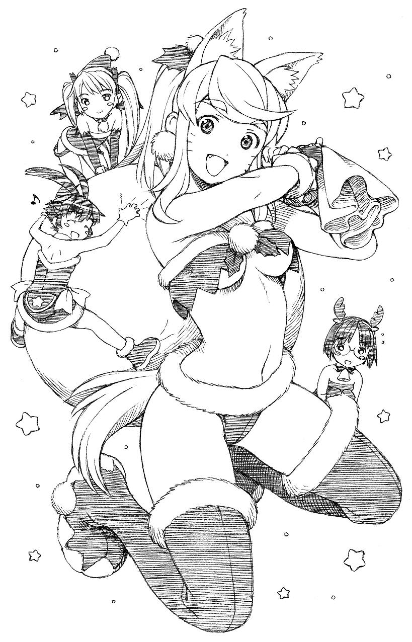 yug (ekaki), aiko (magipoka), liru, pachira, yuuma (magipoka), renkin san-kyuu magical pokaan, highres, 4girls, animal ears, boots, breasts, christmas, extra ears, fang, greyscale, happy, medium breasts, midriff, monochrome, multiple girls, santa costume, smile, tail, thigh boots, thighhighs, underboob, wolf ears, wolf tail