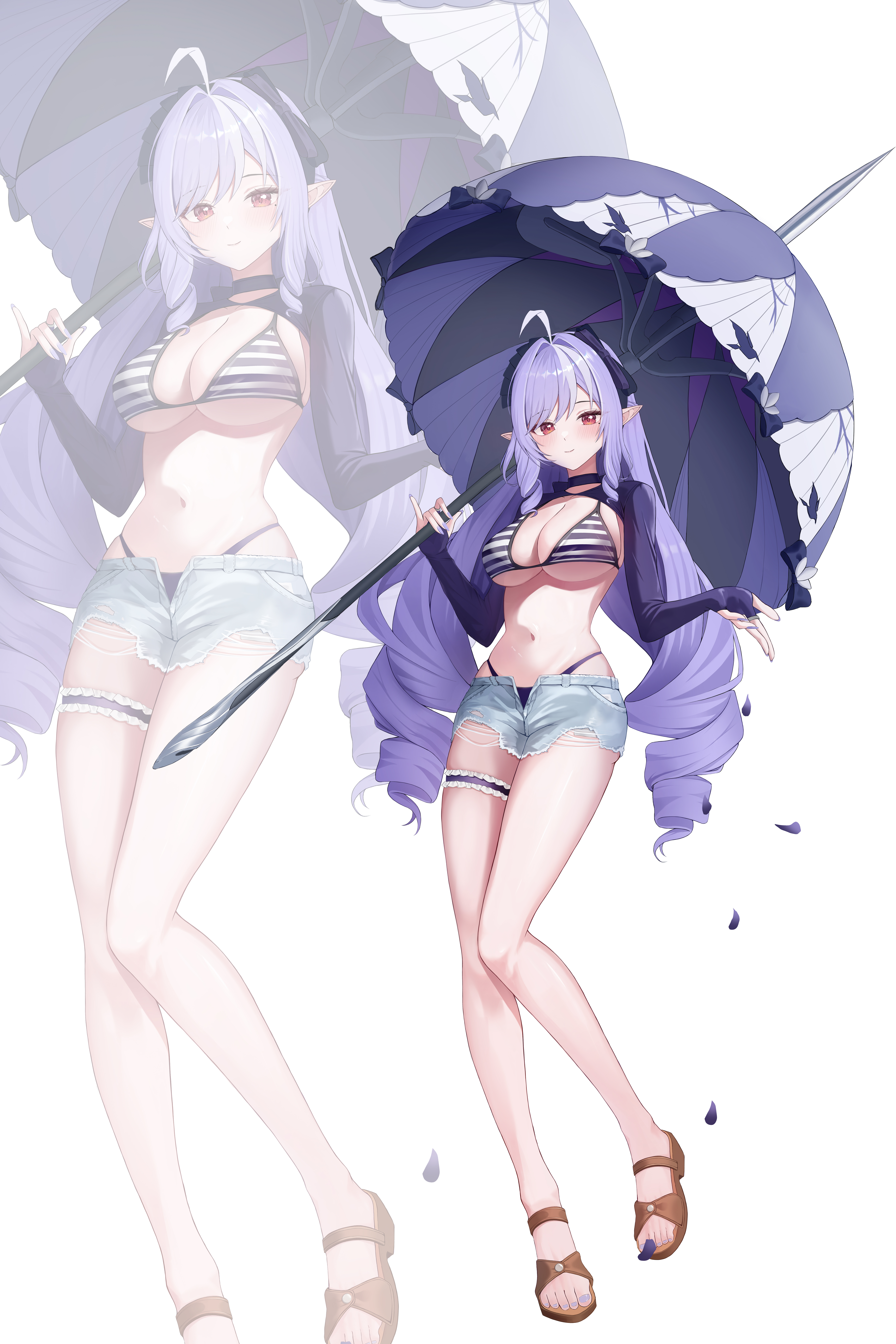 kebi (soo owl), vivian banshee, zenless zone zero, absurdres, commentary, highres, 1girl, ahoge, alternate costume, bare legs, bikini, blush, bow, breasts, closed mouth, denim, denim shorts, falling petals, full body, hair bow, hair intakes, highleg, highleg bikini, holding, holding umbrella, large breasts, legs, long hair, long sleeves, looking at viewer, multicolored hair, nail polish, navel, open fly, parasol, petals, pointy ears, purple bikini, purple bow, purple hair, purple nails, purple petals, purple shrug, purple umbrella, red eyes, sandals, shorts, sidelocks, smile, solo, stomach, streaked hair, striped bikini, striped clothes, swimsuit, thigh strap, thighs, toenail polish, toenails, toes, umbrella, very long hair, zoom layer