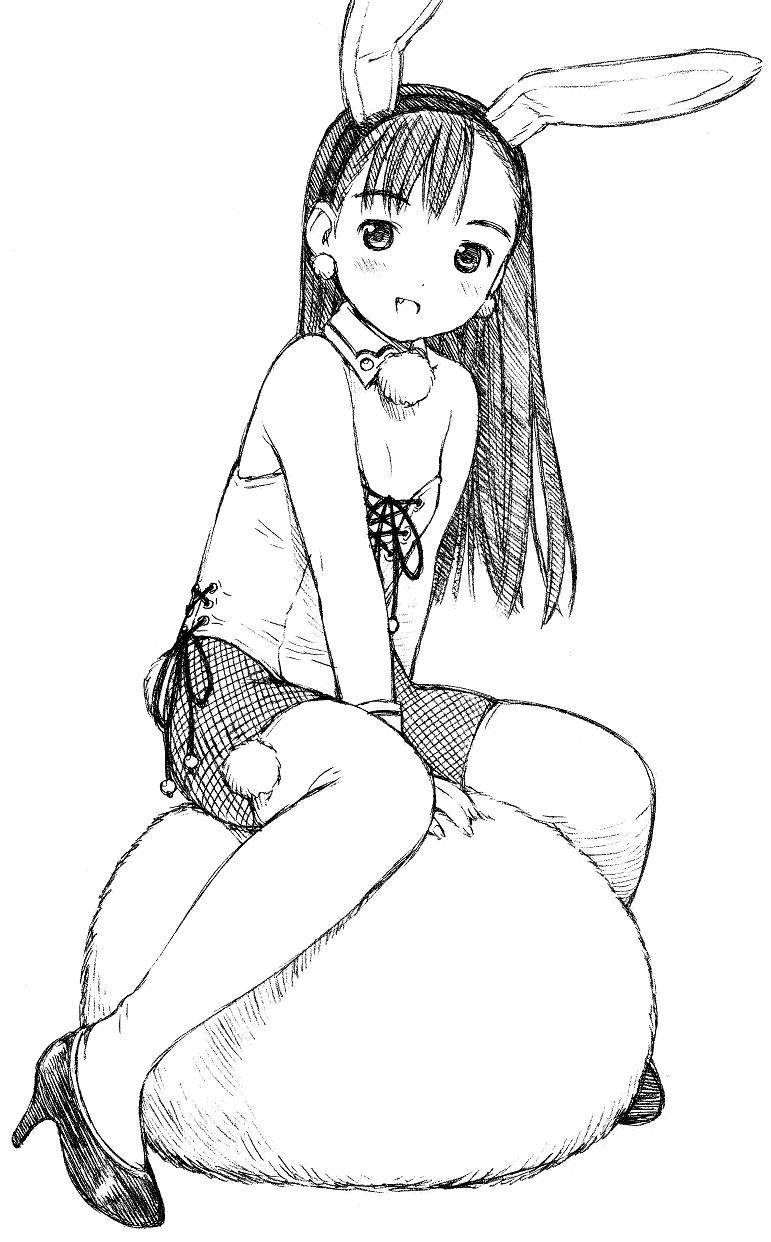 yug (ekaki), original, highres, 1girl, animal ears, fake animal ears, fang, female focus, fishnet pantyhose, fishnets, flat chest, greyscale, high heels, leotard, loli, long hair, monochrome, pantyhose, playboy bunny, rabbit ears, shoes, sitting, smile, solo, thighhighs