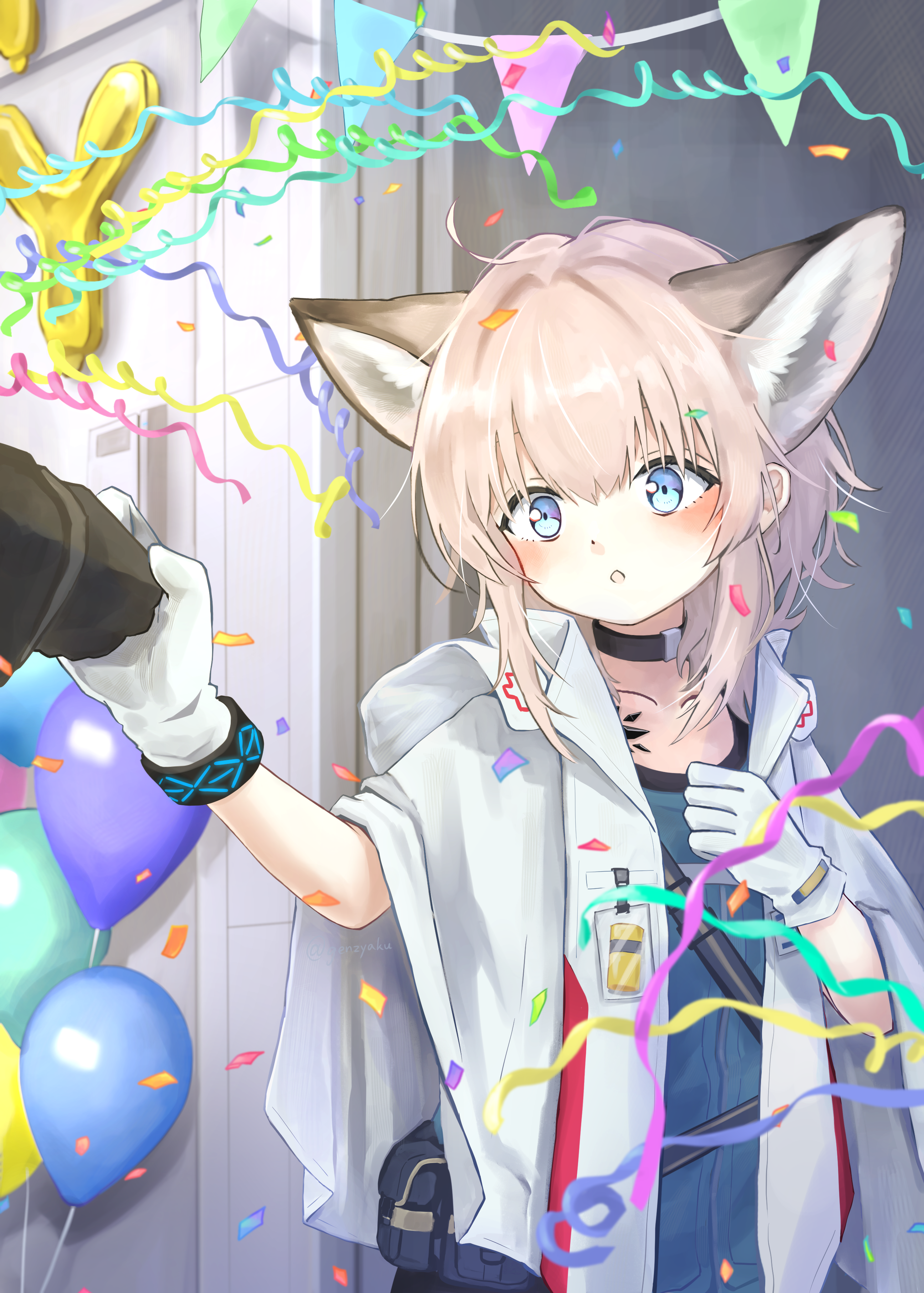 genjaku, sussurro (arknights), arknights, absurdres, highres, 1girl, animal ears, balloon, blue eyes, confetti, fox ears, gloves, material growth, oripathy lesion (arknights), white gloves