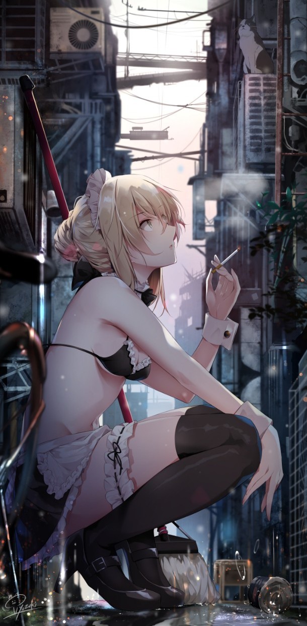 hirai yuzuki, artoria pendragon (fate), saber alter, saber alter (swimsuit rider), saber alter (swimsuit rider) (second ascension), fate/grand order, fate (series), black footwear, highres, 1girl, ahoge, air conditioner, apron, bare arms, bare shoulders, bikini, black ribbon, black thighhighs, blurry, blurry foreground, breasts, can, cat, cigarette, city, cloud, cloudy sky, day, detached collar, female focus, frilled thigh strap, from side, groin, hair ribbon, hair up, high heels, ladder, long hair, looking up, maid, maid apron, maid bikini, maid headdress, medium breasts, mop, navel, open mouth, outdoors, petticoat, power lines, ribbon, sidelocks, signature, skindentation, sky, smoke, smoking, solo, squatting, swimsuit, thigh strap, thighhighs, unconventional maid, waist apron, wrist cuffs, yellow eyes