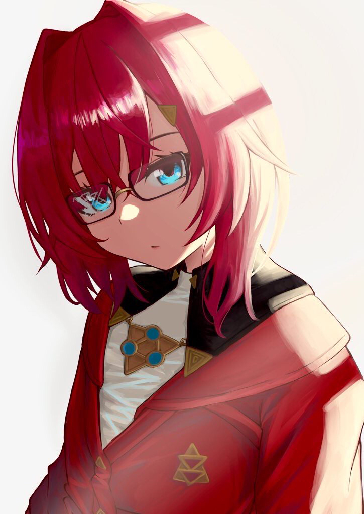 grpf, ange katrina, ange katrina (1st costume), nijisanji, commentary request, 1girl, black-framed eyewear, blue eyes, cardigan, closed mouth, eyelashes, flat chest, glasses, hair behind ear, hair intakes, hair ornament, looking at viewer, medium hair, rectangular eyewear, red cardigan, semi-rimless eyewear, simple background, solo, triangle hair ornament, upper body, virtual youtuber, white background, window shadow