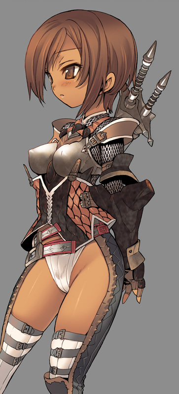 blade (galaxist), gravios, plesioth, capcom, monster hunter (series), bad id, bad pixiv id, long image, tall image, 1girl, armor, black gravios (armor), blush, brown eyes, brown hair, dark-skinned female, dark skin, female focus, gravios (armor), gypceros (armor), hairband, kuroobi (armor), legs, panties, plesioth (armor), rathalos (armor), short hair, solo, sword, thighhighs, underwear, weapon