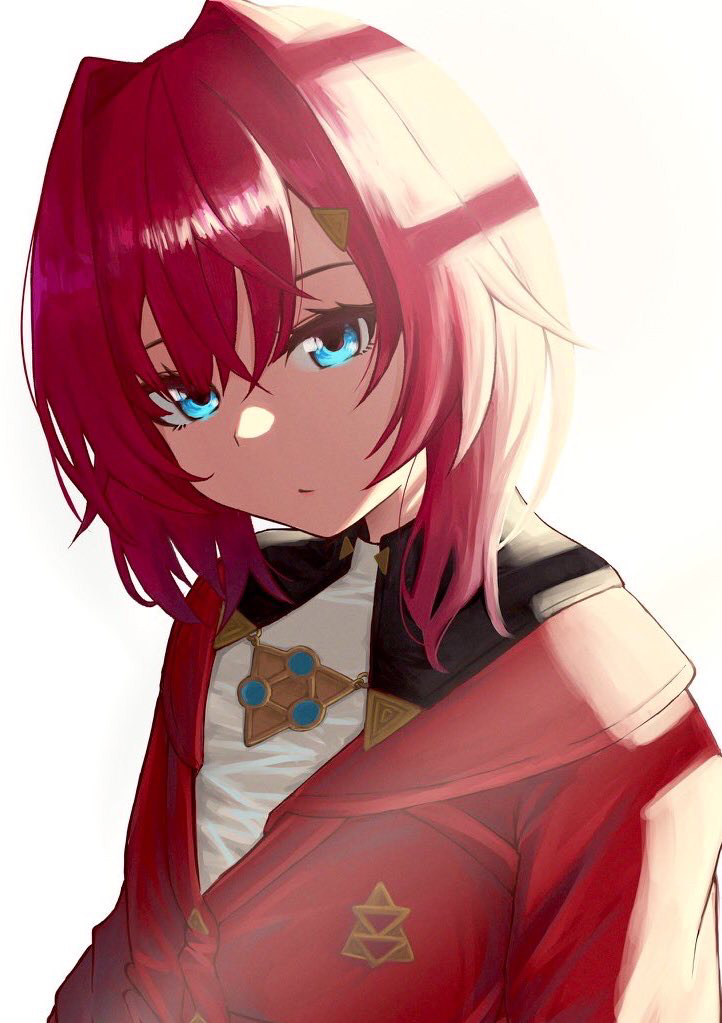 grpf, ange katrina, ange katrina (1st costume), nijisanji, commentary request, 1girl, blue eyes, cardigan, closed mouth, eyelashes, flat chest, hair behind ear, hair intakes, hair ornament, looking at viewer, medium hair, red cardigan, simple background, solo, triangle hair ornament, upper body, virtual youtuber, white background, window shadow