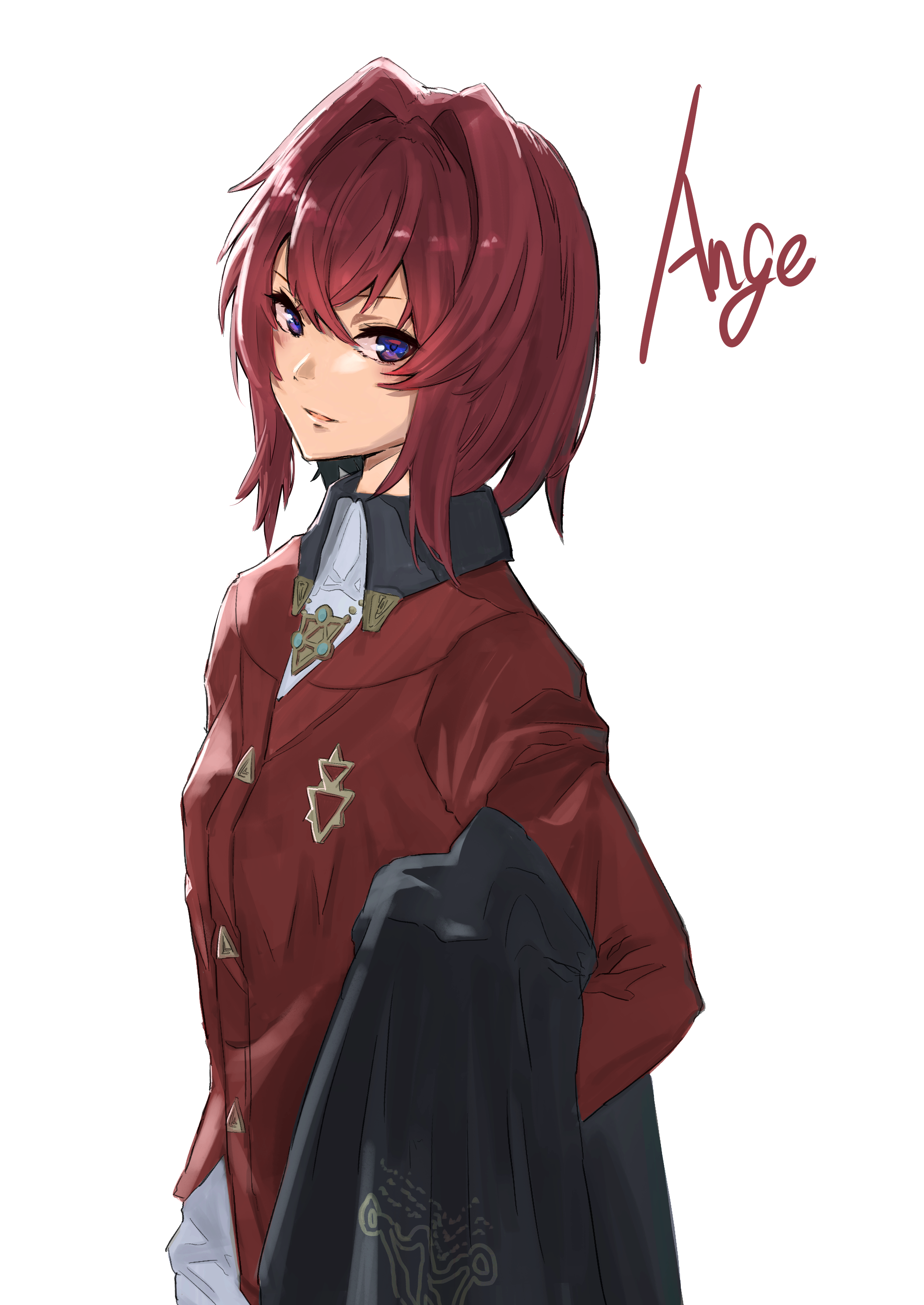inngennakatuki, ange katrina, ange katrina (1st costume), nijisanji, absurdres, commentary request, highres, partial commentary, 1girl, black coat, breasts, cardigan, character name, coat, crossed bangs, dress, eyelashes, hair intakes, holding, holding unworn clothes, looking at viewer, looking to the side, parted lips, purple eyes, red cardigan, red hair, short hair, simple background, small breasts, smile, solo, upper body, virtual youtuber, white background, white dress
