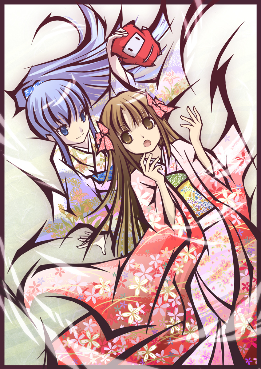 haiiro (hi ghi ro), oyuki (ninja jajamaru-kun), sakura-hime (ninja jajamaru-kun), ninja jajamaru-kun, highres, 2girls, blue eyes, blue hair, brown eyes, brown hair, hair ribbon, japanese clothes, kimono, long hair, multiple girls, open mouth, ponytail, ribbon, smile