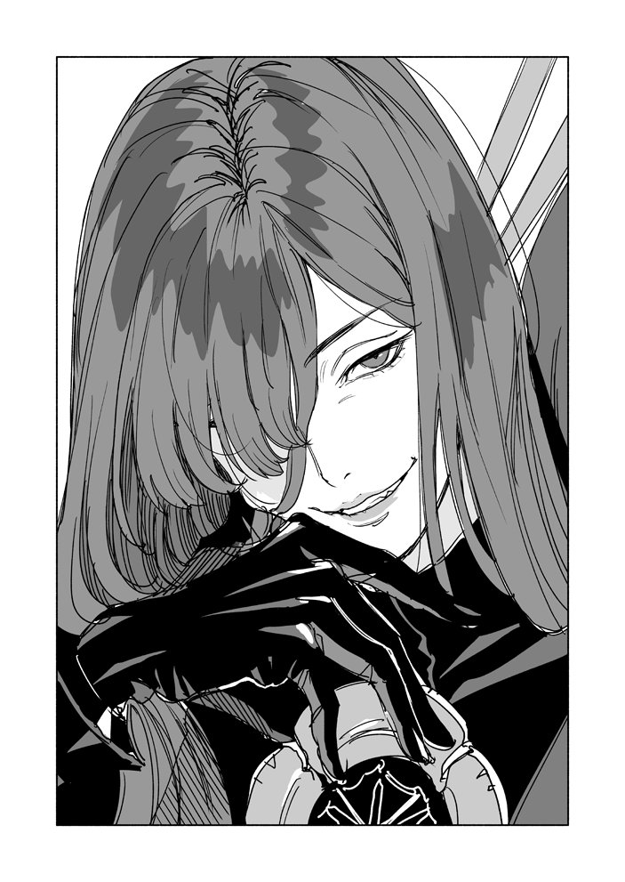 birdhatter, oda nobunaga (fate), oda nobunaga (maou avenger) (fate), fate/grand order, fate (series), gloves, hair over one eye, lips, long hair, loose hair strand, monochrome, oda uri, portrait, smile, solo