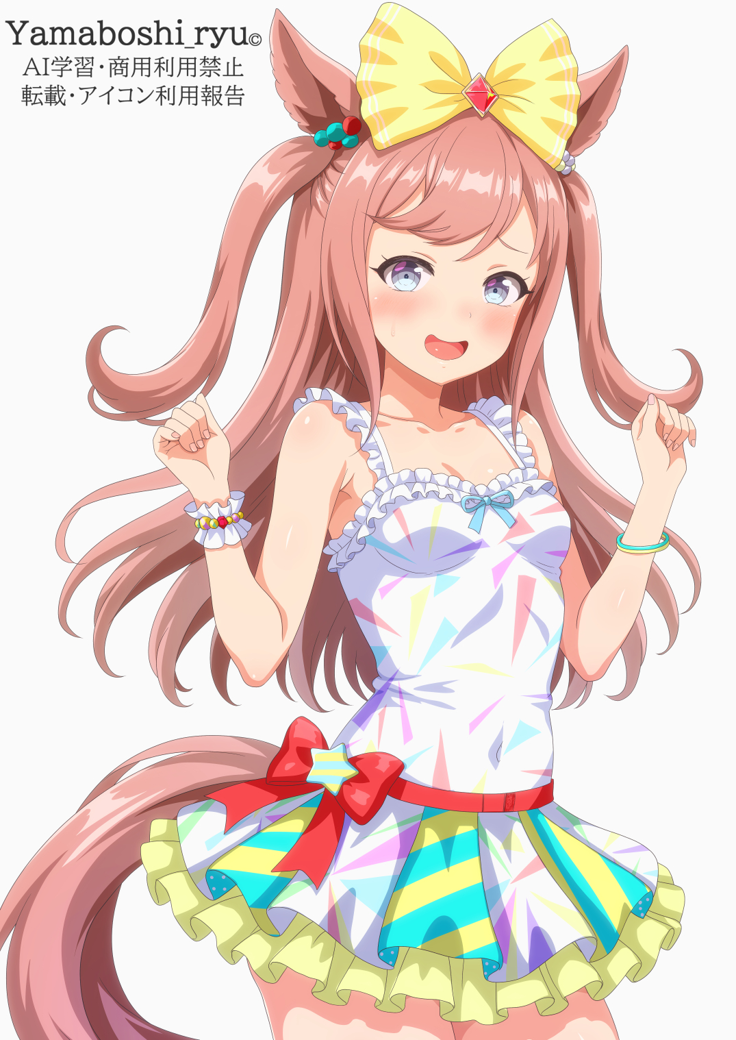 yamaboshi ryuu, agnes digital (umamusume), umamusume, commentary request, highres, 1girl, alternate costume, animal ears, blue eyes, bow, bracelet, breasts, cleavage, covered navel, cowboy shot, dress, frills, horse ears, horse girl, horse tail, jewelry, long hair, multiple tails, open mouth, red bow, scrunchie, skirt, smile, solo, tail, twitter username, two tails, white background, white dress, wrist scrunchie