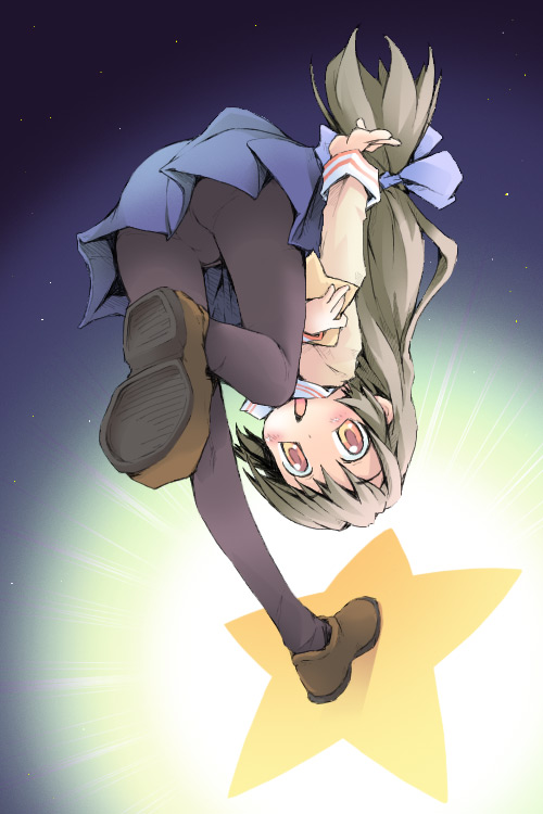 ham (points), ibuki fuuko, clannad, 00s, back, blush, brown hair, loli, long hair, pantyhose, school uniform, serafuku, solo, star (symbol)