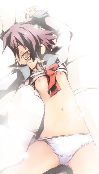 ham (points), nagato yuki, suzumiya haruhi no yuuutsu, 00s, 1girl, clothes lift, embarrassed, female focus, flat chest, loli, nipples, no bra, no pants, panties, school uniform, serafuku, shirt lift, short hair, solo, underwear, white panties