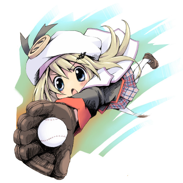 ham (points), noumi kudryavka, little busters!, 1girl, ball, baseball, baseball (object), baseball glove, blonde hair, blue eyes, blush, buttons, cape, catch, female focus, hat, large buttons, loli, long hair, plaid clothes, plaid skirt, school uniform, serafuku, skirt, solo