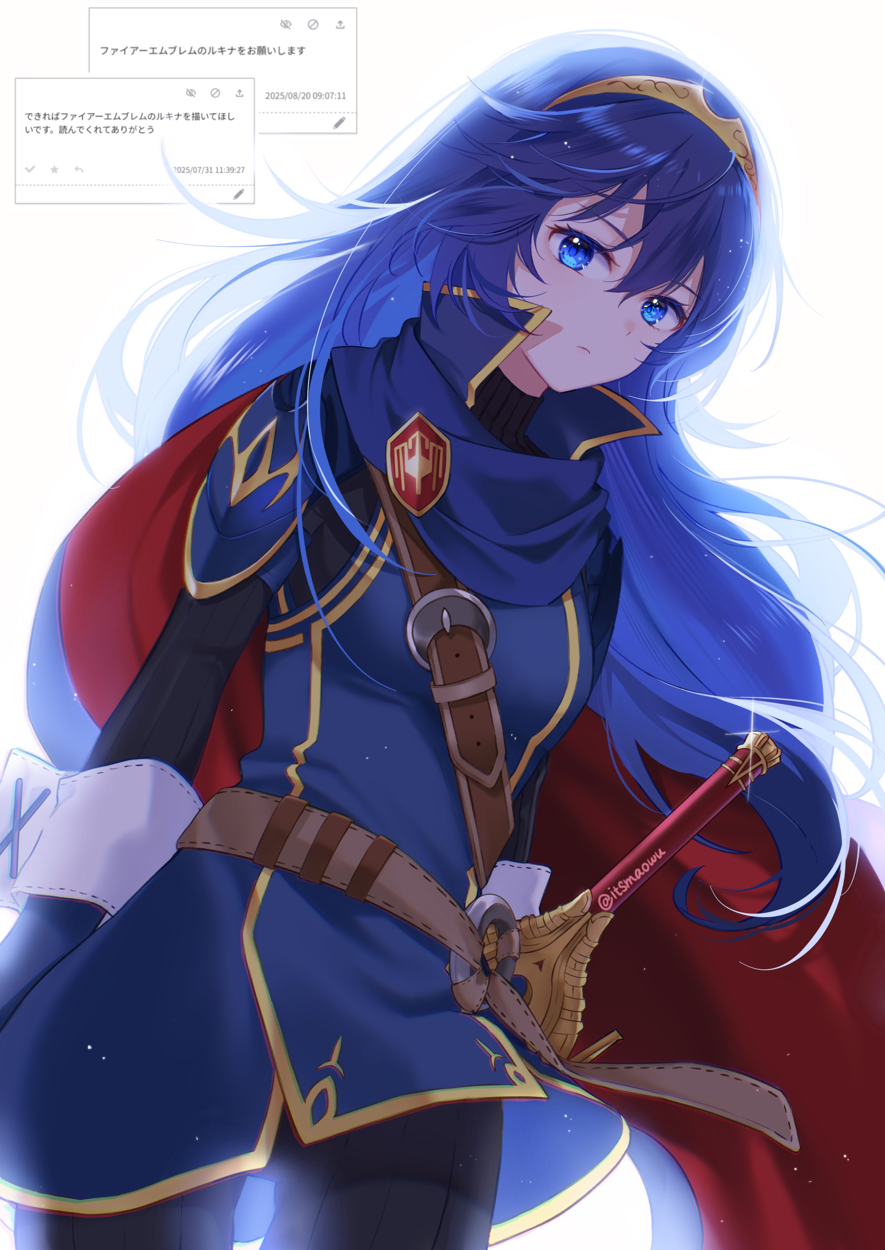 istriri, lucina (fire emblem), fire emblem, fire emblem awakening, nintendo, absurdres, highres, 1girl, blue eyes, blue hair, brand of the exalt, cape, closed mouth, hair between eyes, long hair, long sleeves, red cape, request inset, solo, sword, symbol in eye, tiara, twitter username, weapon, white background