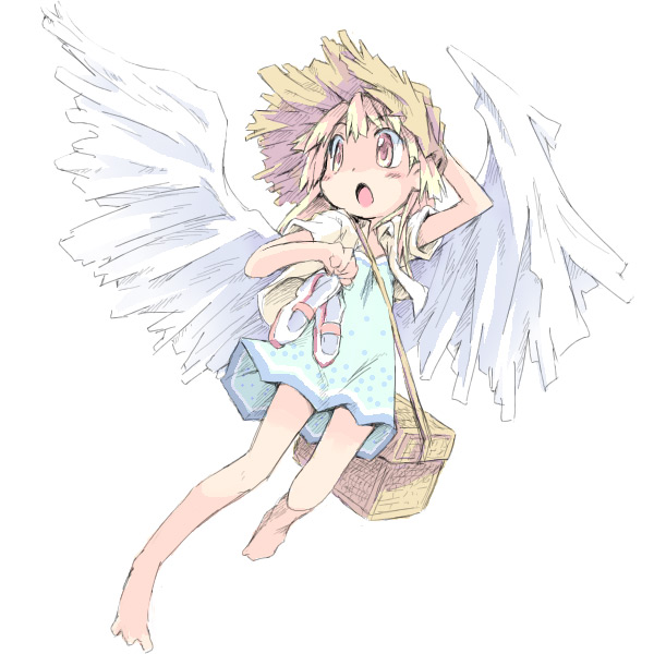 ham (points), original, angel, angel wings, barefoot, blonde hair, hat, loli, long hair, solo, straw hat, wings