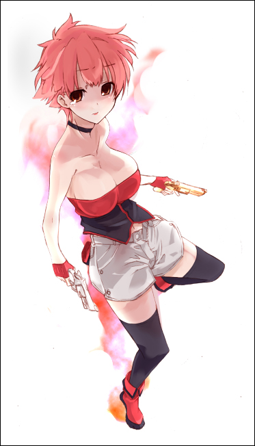 aka ume, original, 1girl, breasts, choker, cleavage, female focus, gun, large breasts, red hair, short hair, shorts, solo, strapless, thighhighs, tube top, weapon