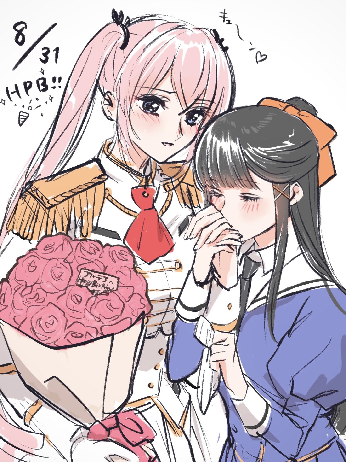 shakeza, tsukioka momiji, assault lily, commentary request, highres, translated, 2girls, altea alessandrini, black hair, black necktie, black ribbon, blue eyes, blue jacket, blue skirt, blunt bangs, blush, bouquet, bow, braid, buttons, closed eyes, epaulettes, flower, gloves, grey background, hair bow, hair ornament, hair ribbon, half up braid, hands up, happy birthday, heart, holding, holding bouquet, holding gloves, holding hands, holding unworn clothes, interlocked fingers, jacket, juliet sleeves, kiss, kissing hand, light smile, long hair, long sleeves, looking at another, multiple girls, necktie, odaiba girls high school uniform, orange bow, parted lips, pink bow, pink flower, pink hair, pink rose, puffy sleeves, red flower, red necktie, red rose, ribbon, rose, school uniform, short necktie, sidelocks, simple background, single glove, skirt, sparkle, twintails, unworn gloves, upper body, white gloves, white jacket, white skirt, x hair ornament, yuri