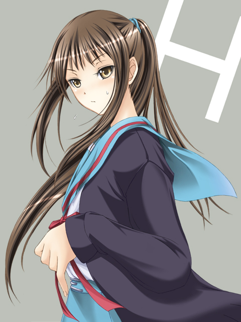 chiro, kyonko, suzumiya haruhi no yuuutsu, bad id, bad pixiv id, 00s, 1girl, brown eyes, brown hair, cardigan, female focus, genderswap, genderswap (mtf), ponytail, school uniform, serafuku, solo