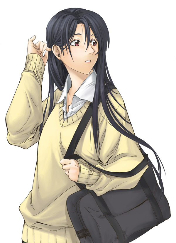 minakuchi takashi, original, adjusting hair, bag, black hair, blue hair, brown eyes, long hair, looking back, shoulder bag, solo, sweater