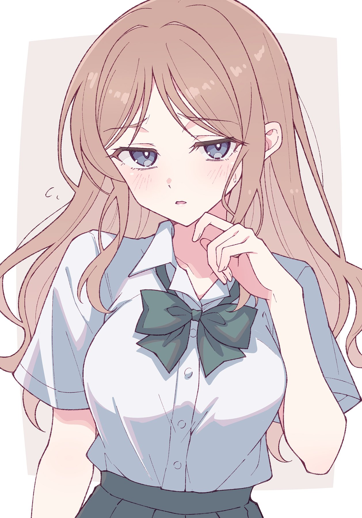 e20, nagasaki soyo, bang dream!, bang dream! it's mygo!!!!!, commentary request, highres, 1girl, blue eyes, blush, bow, bowtie, breasts, brown hair, green bow, green bowtie, grey skirt, large breasts, long hair, open mouth, pleated skirt, shirt, shirt tucked in, short sleeves, skirt, solo, sweatdrop, white shirt