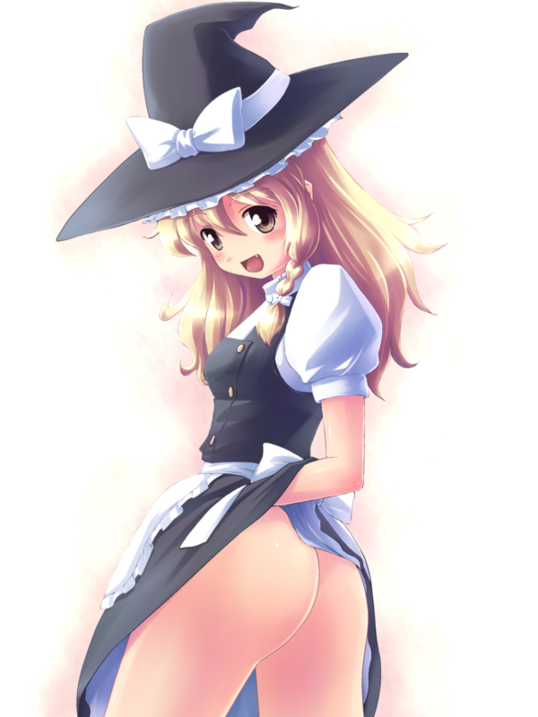 tdk, kirisame marisa, touhou, 1girl, ass, blonde hair, clothes lift, dress, fang, female focus, hat, no panties, skirt, skirt lift, solo, witch hat, yellow eyes