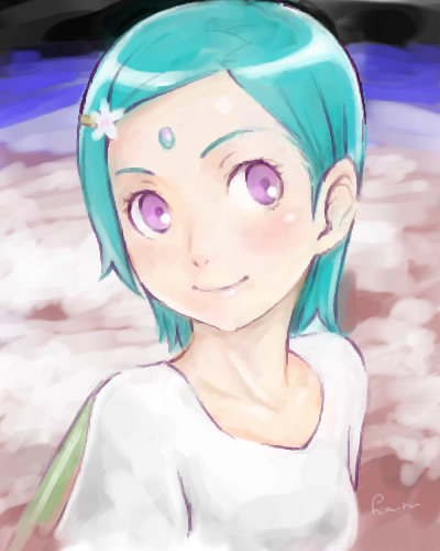 ha-ru, eureka (eureka seven), eureka seven, eureka seven (series), lowres, 00s, 1girl, aqua hair, female focus, hair ornament, hairclip, pink eyes, short hair, smile, solo