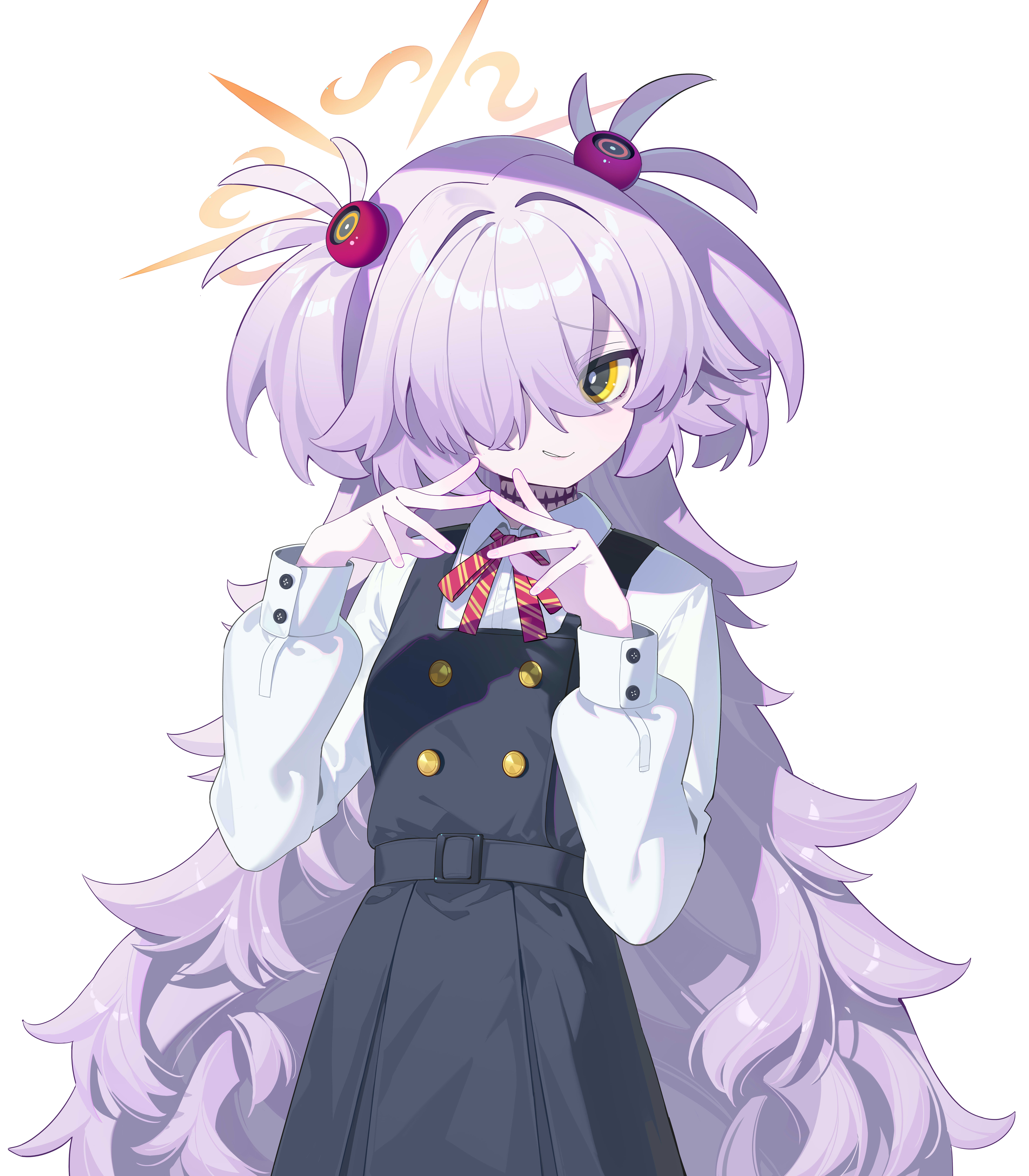 kankou tokudou, kanoe (blue archive), blue archive, absurdres, highres, 1girl, dress, hair over one eye, halo, long hair, long sleeves, pinafore dress, shirt, simple background, sleeveless, sleeveless dress, smile, solo, white background, white shirt, yellow eyes