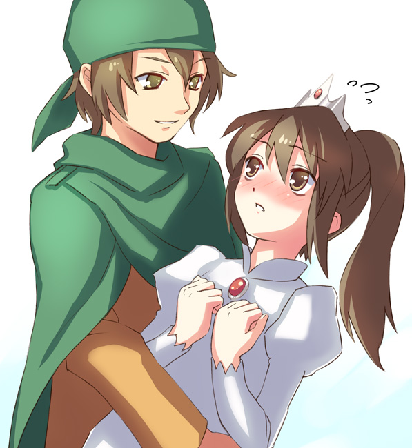 oryo (oryo04), koizumi itsuki, kyonko, suzumiya haruhi no yuuutsu, bad id, bad pixiv id, 00s, 1boy, 1girl, brown eyes, brown hair, carrying, crown, genderswap, genderswap (mtf), hat, ponytail