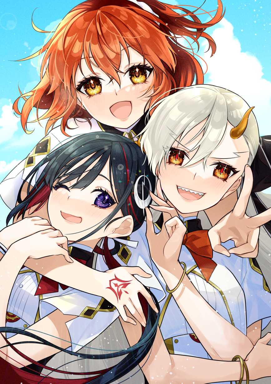 ichino tomizuki, fujimaru ritsuka (female), jeunesse crane (fate), miss crane (fate), olga marie animusphere, fate/grand order, fate (series), highres, 3girls, ahoge, asymmetrical bangs, black hair, blush, breasts, hair ornament, jeunesse crane (second ascension) (fate), long hair, looking at viewer, medium breasts, multicolored hair, multiple girls, one side up, open mouth, orange eyes, orange hair, purple eyes, red hair, short hair, smile, two-tone hair, white hair